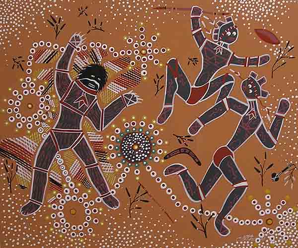 An Aboriginal-inspired artwork depicting three stylized figures in dynamic poses, surrounded by circular patterns and natural motifs, set against a warm brown background.