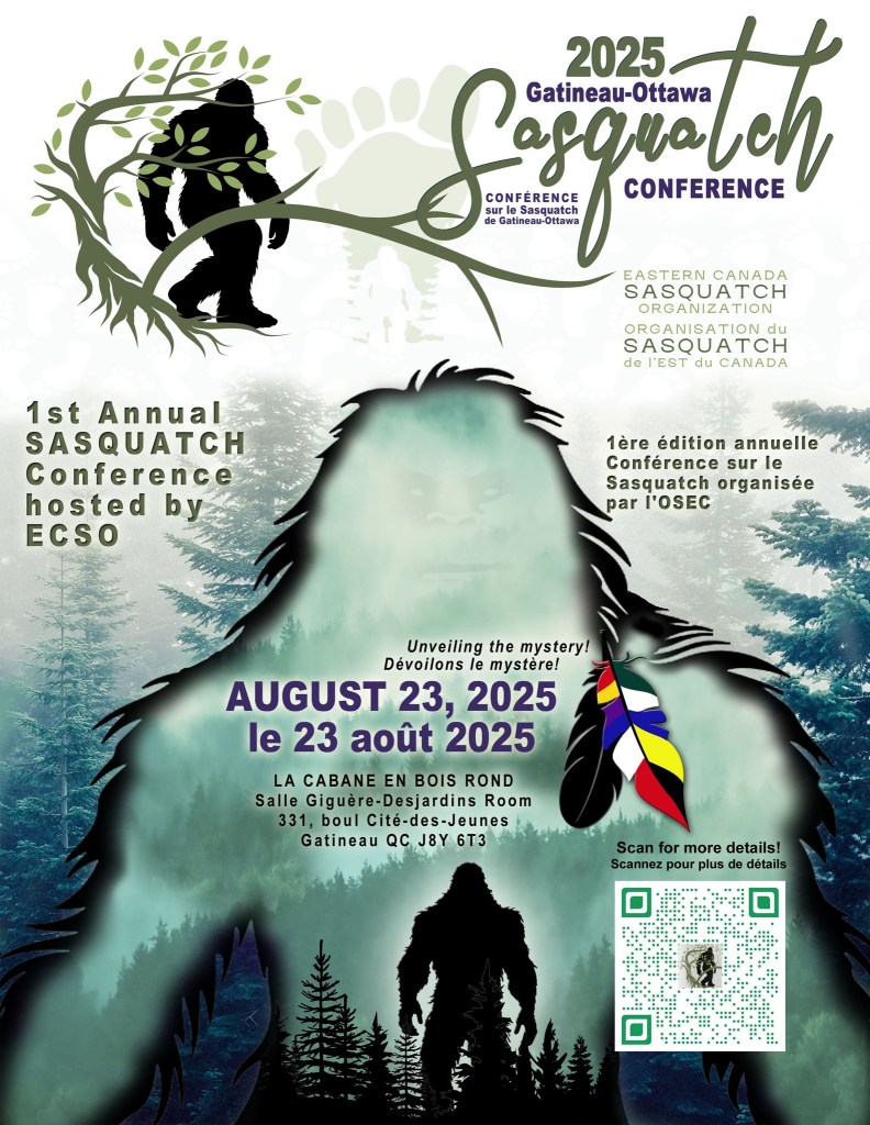 Event poster for the 2025 Gatineau-Ottawa Sasquatch Conference, featuring a silhouette of Sasquatch surrounded by trees and details about the event date, location, and organization.
