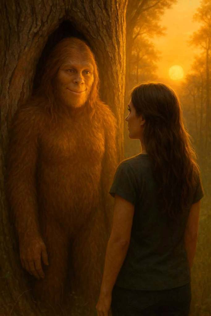 A woman stands facing a friendly, humanoid creature resembling Sasquatch, framed by a tree in a serene forest setting during sunset.