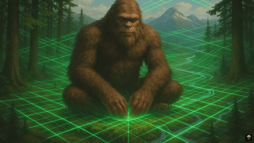 A digital illustration of a large, furry Sasquatch sitting in a forest, surrounded by green grid lines and a mountainous landscape in the background.