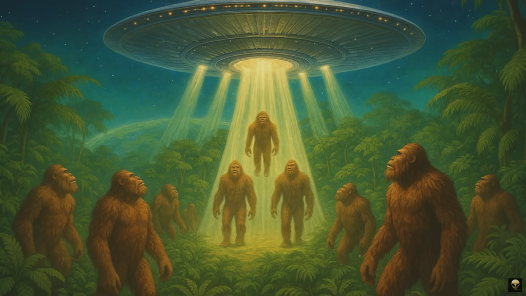 A group of Sasquatch figures are illuminated by a bright beam coming from a hovering UFO, surrounded by lush greenery in a nighttime setting.