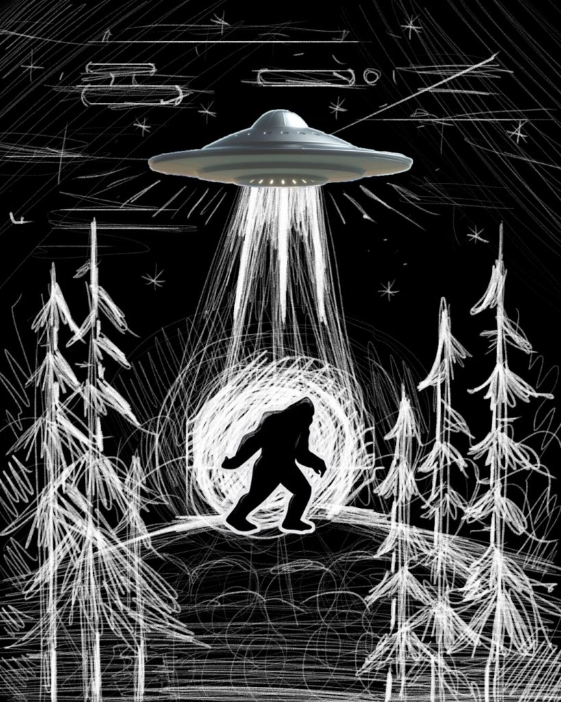An artistic illustration showing a UFO above a silhouette of a Sasquatch surrounded by trees, set against a dark background.