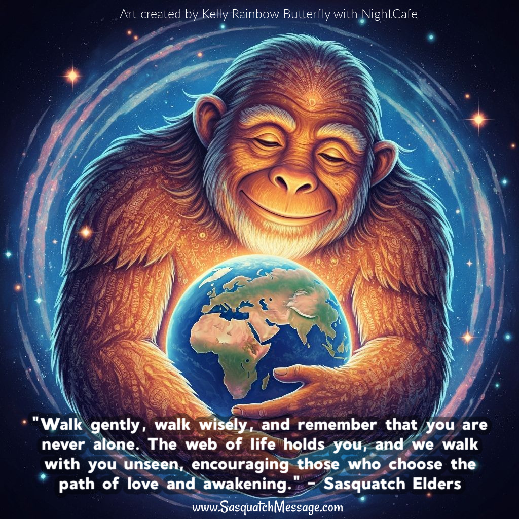 A whimsical illustration of a friendly gorilla holding the Earth, surrounded by a cosmic background. The image conveys themes of unity, love, and environmental stewardship, accompanied by a quote from the Sasquatch Elders.
