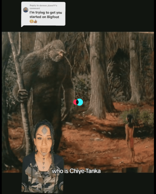 An illustrated scene featuring a Sasquatch (Chiye-Tanka) in a forest, with a native individual standing in front. The background includes trees and foliage, while the foreground has a woman with traditional markings, asking, 'who is Chiye-Tanka'.