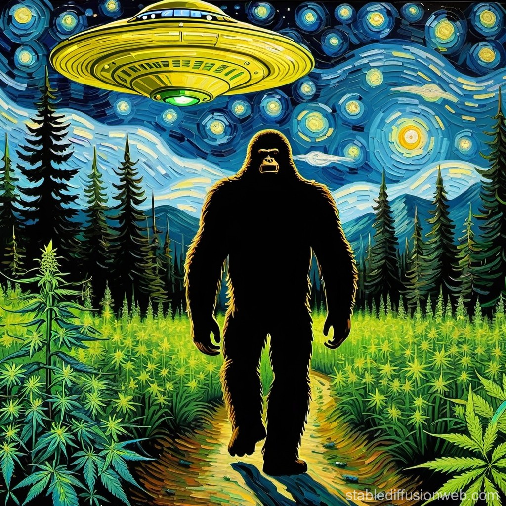 A silhouette of a Bigfoot walking along a path surrounded by greenery under a starry sky, with a UFO hovering above.