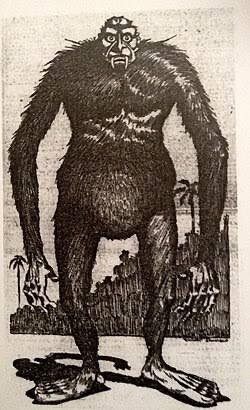 Illustration of a tall, hairy humanoid figure, representing the Hairy Man from Australian Aboriginal folklore, depicted with long arms and a surprised facial expression against a natural background.