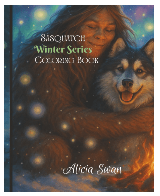 Cover of a coloring book titled 'Sasquatch Winter Series' featuring a cozy illustration of Sasquatch and a happy dog surrounded by soft glowing lights.
