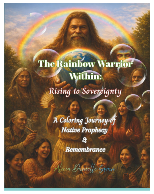 Colorful book cover titled 'The Rainbow Warrior Within: Rising to Sovereignty' featuring a group of diverse people joyfully interacting against a backdrop of a rainbow and globe.