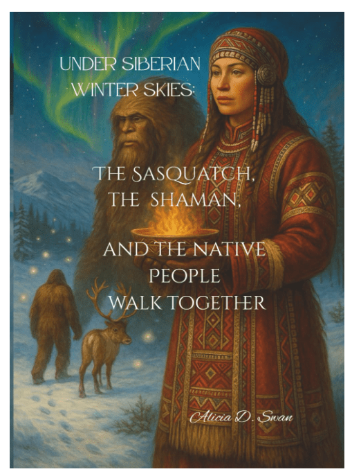 An illustrated scene depicting a Native woman in traditional clothing holding a flame, alongside a Sasquatch and a shaman, set against a backdrop of snowy trees and Northern Lights, with text overlay reading 'Under Siberian Winter Skies: The Sasquatch, The Shaman, and The Native People Walk Together' by Alicia D. Swan.
