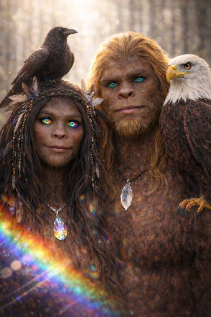 A couple with animal features and vibrant eyes pose together in a forest setting, with a raven on the woman's shoulder and an eagle on the man's arm, surrounded by a rainbow effect.