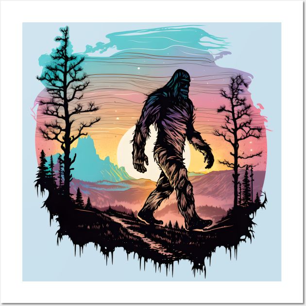 A colorful illustration of Bigfoot walking through a forested landscape at sunset, with trees and mountains in the background.