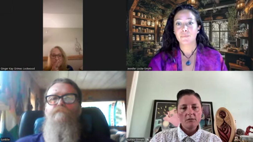 A virtual meeting featuring four participants: Ginger Kay Grimes Lockwood in the top left, Jennifer Locke-Smyth in the top right with a plant-filled background, SunBow in the bottom left, and Ashlea Stinnett in the bottom right with artwork behind.